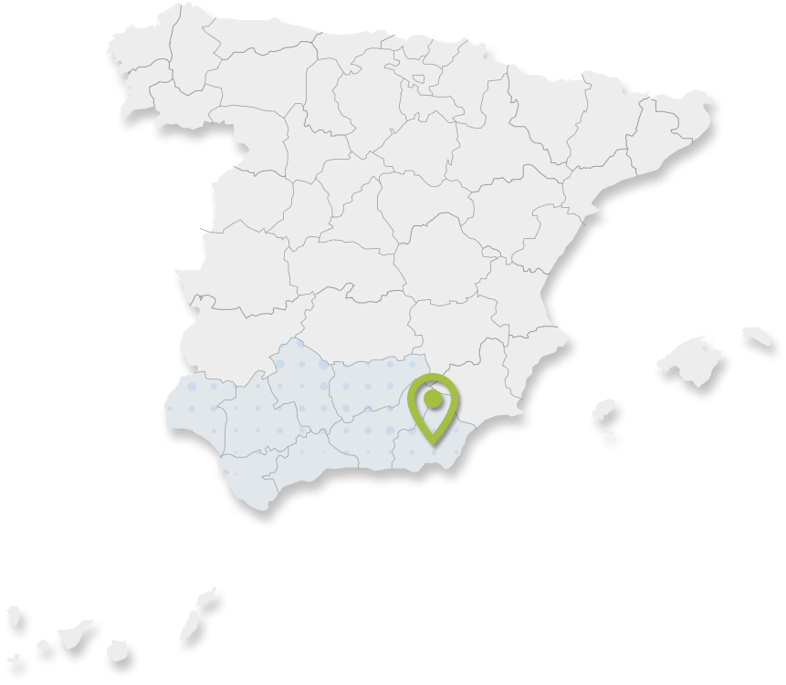 Mapa señalando Almería con un icono y Andalucía en azul